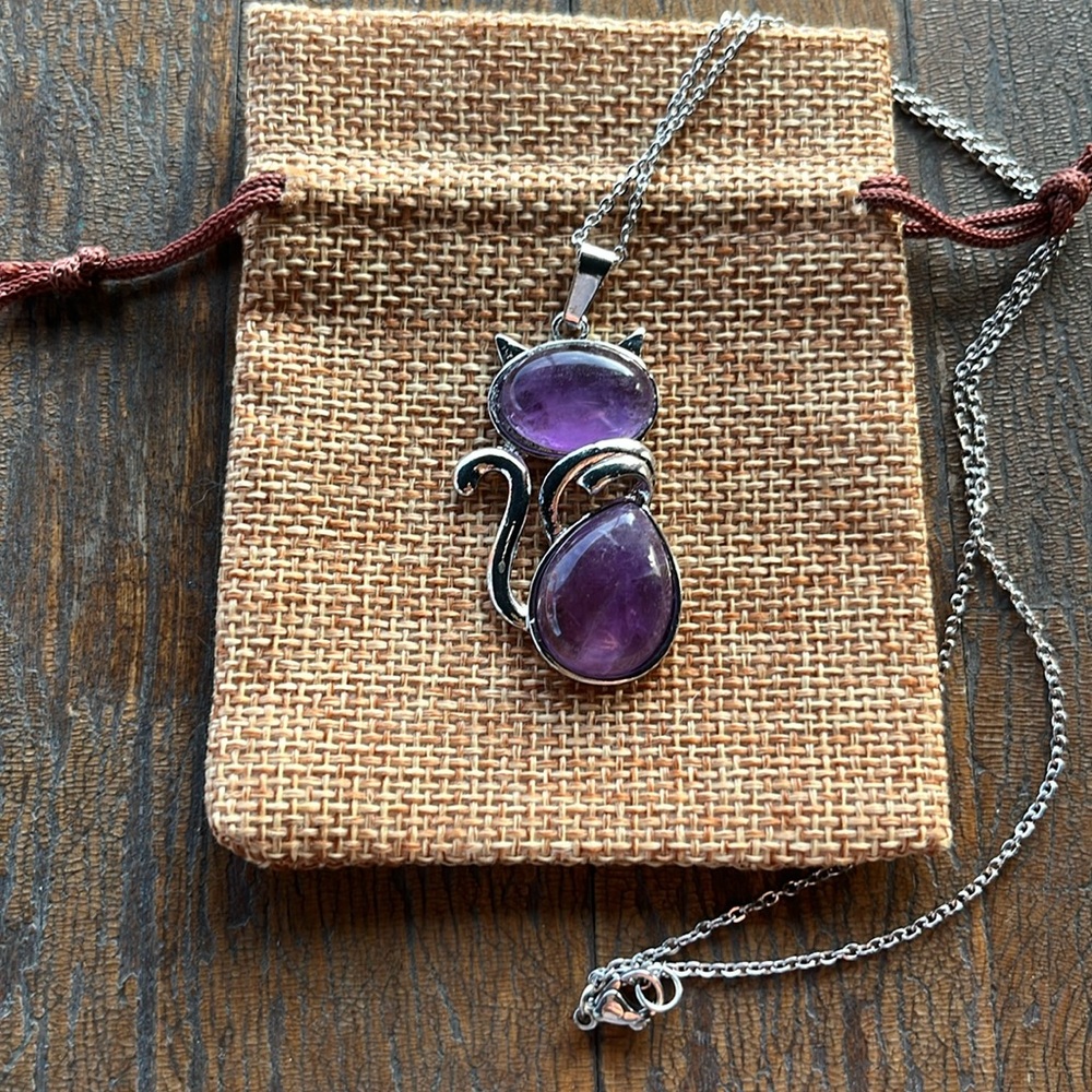 Crystal Cat Necklace Kitty Cat Pendant Light Amethyst Cat Pendant Gift For Teen